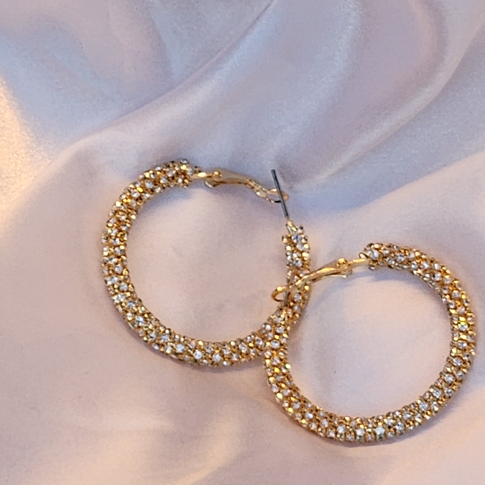 Whats Hot Jewelry Women's Gold Baggette Rhinestone Wrapped 2" Hoop Earrings - Picture 3 of 7